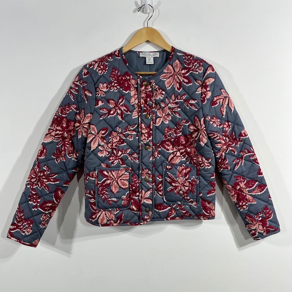 Rachel Zoe Floral‎ Quilted Jacket Burgundy Cotton Snap Front Small Cottagecore